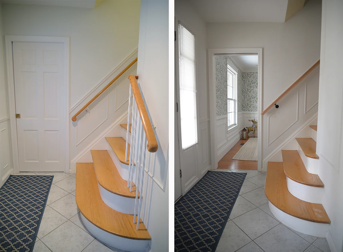 old 1970's stair railing, updated traditional wood railing, stair rail before and after