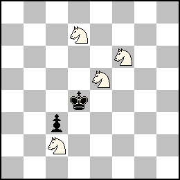 Problema de ajedrez curioso, colocar el rey negro en el centro del tablero y dejarlo en situación de jaque mate utilizando solamente cuatro caballos blancos y un peón negro