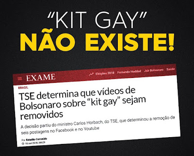 Montagem que mostra probição pelo TSE e que kit gay é fake new