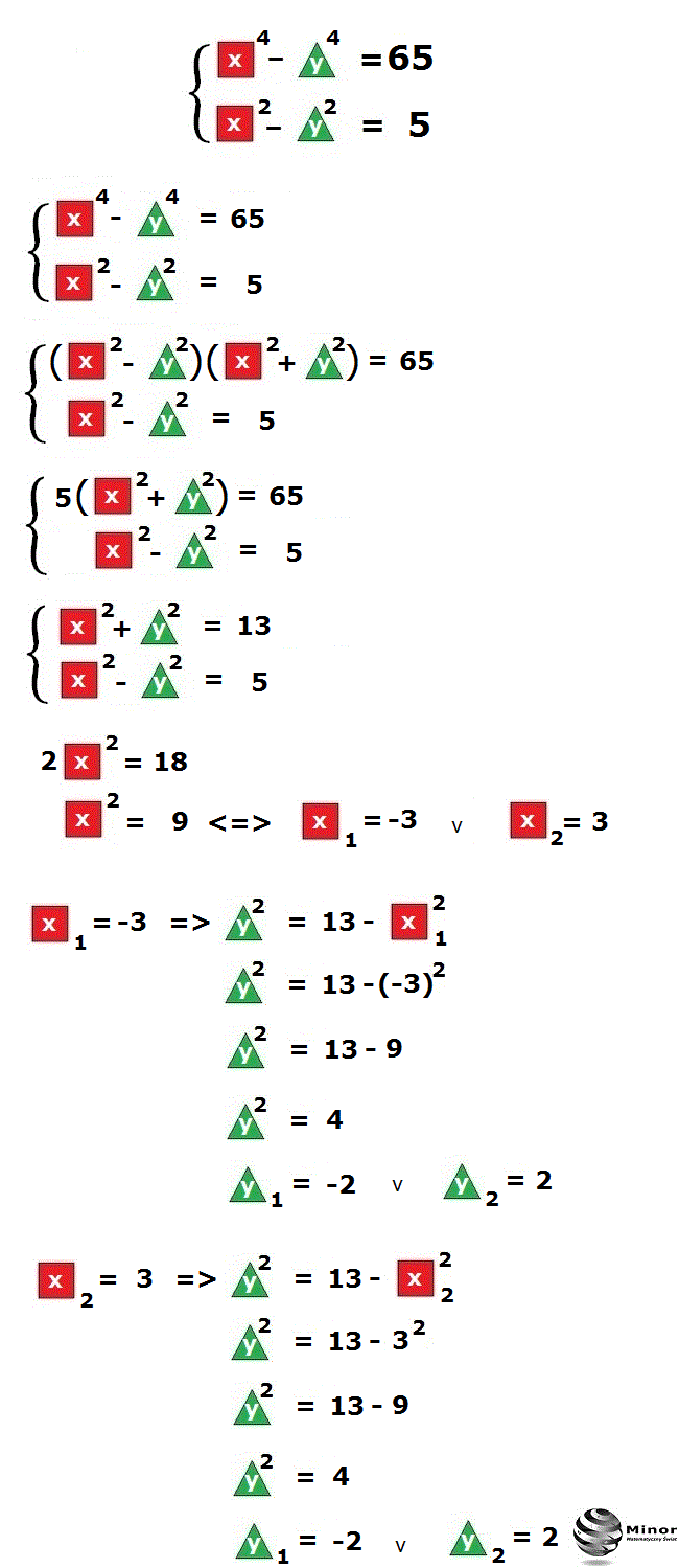 Rozwiąż układ równań w zbiorze liczb rzeczywistych {x⁴ – y⁴ = 65  i  {x² – y² = 5