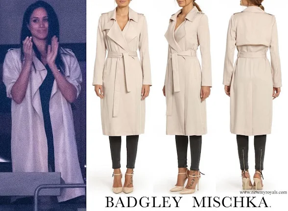 Meghan Markle wore BADGLEY MISCHKA Faux Leather Trim Long Trench Coat