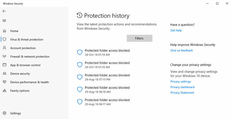 Protection History experience will give you additional details about threats and available actions in Windows Security app