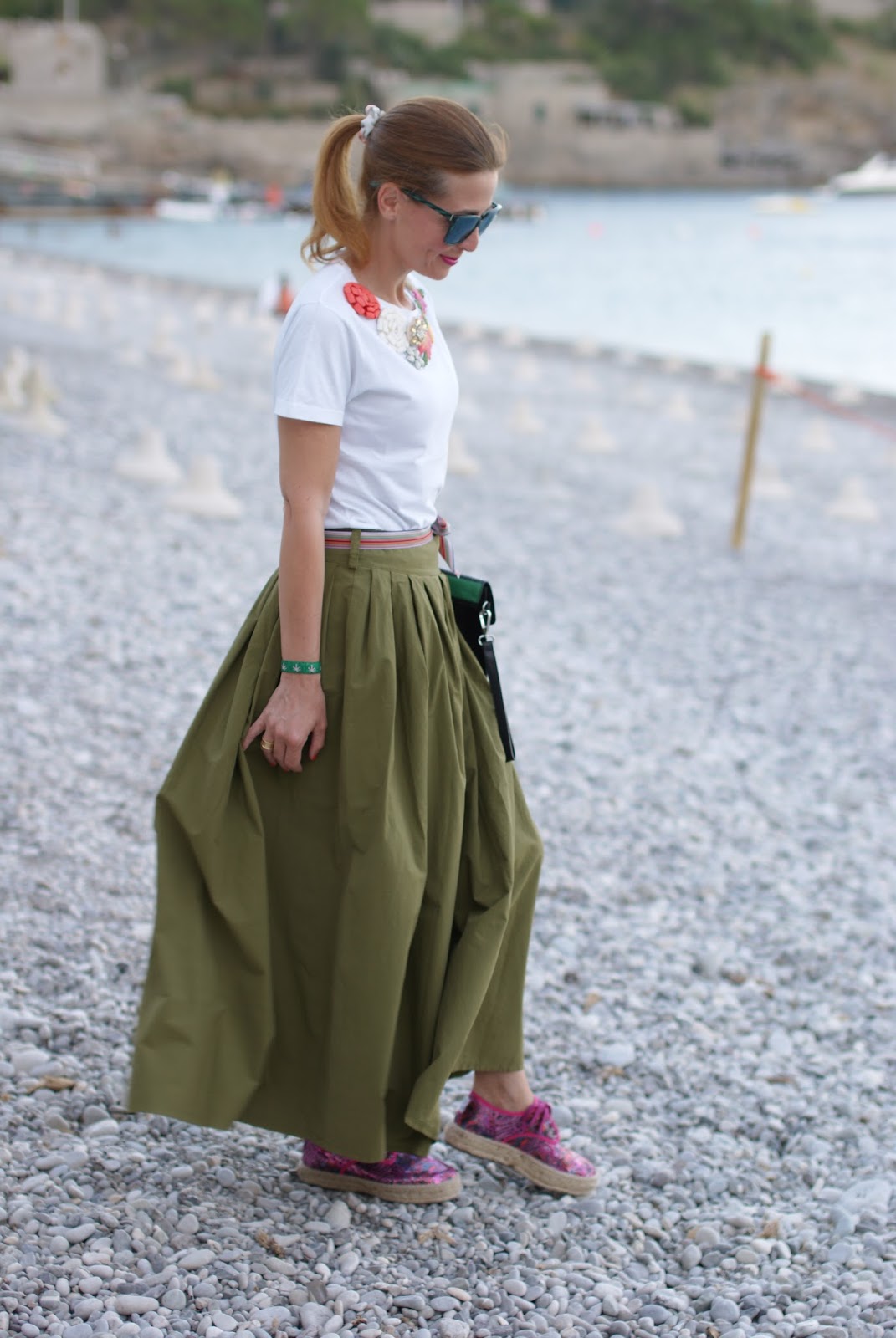 Chic summer look with Natural World Eco lace up espadrilles and green maxi skirt on Fashion and Cookies fashion blog, fashion blogger style