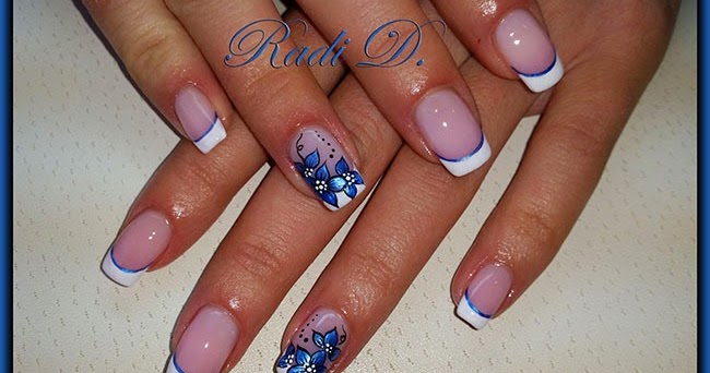 It`s all about nails: French with blue metallic flowers
