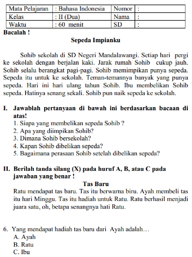 SOAL DAN JAWABAN LATIHAN UAS BAHASA INDONESIA KELAS 2 SD/MI SEMESTER 1