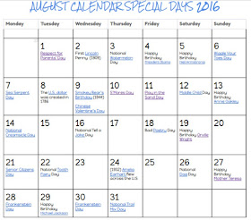 August 2018 Calendar of Special Days