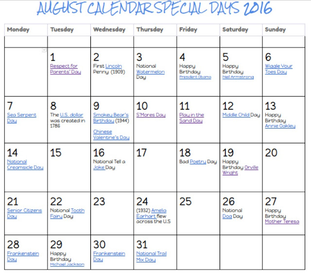 August 2018 Calendar of Special Days