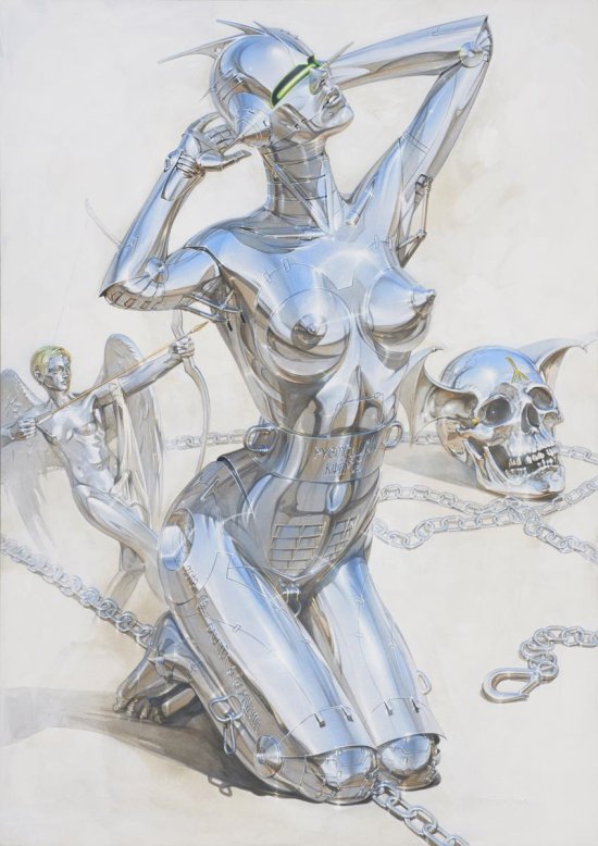 Hajime Sorayama ilustrações esculturas arte mulheres robôs metálicas sensuais cyberpunk vintage provocante peitos metalizados fetiche sadomasoquismo