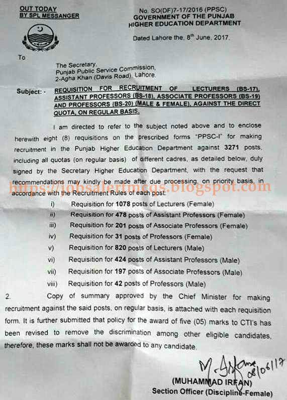 Punjab Govt. New Lecturers Jobs 2017 PPSC Requisition for Appointment