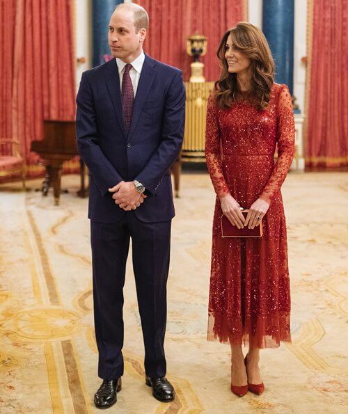 Kate Middleton wore a new red sequined tulle gown by Needle and Thread. The Countess of Wessex wore a stripe knit dress by Alaïa