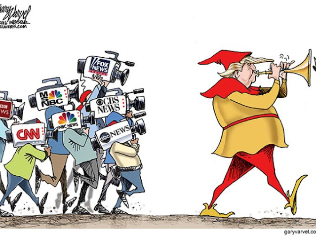 Donald Trump as Pied Piper followed by flock of corporate television media cameras enthralled by  his every note from his flute.