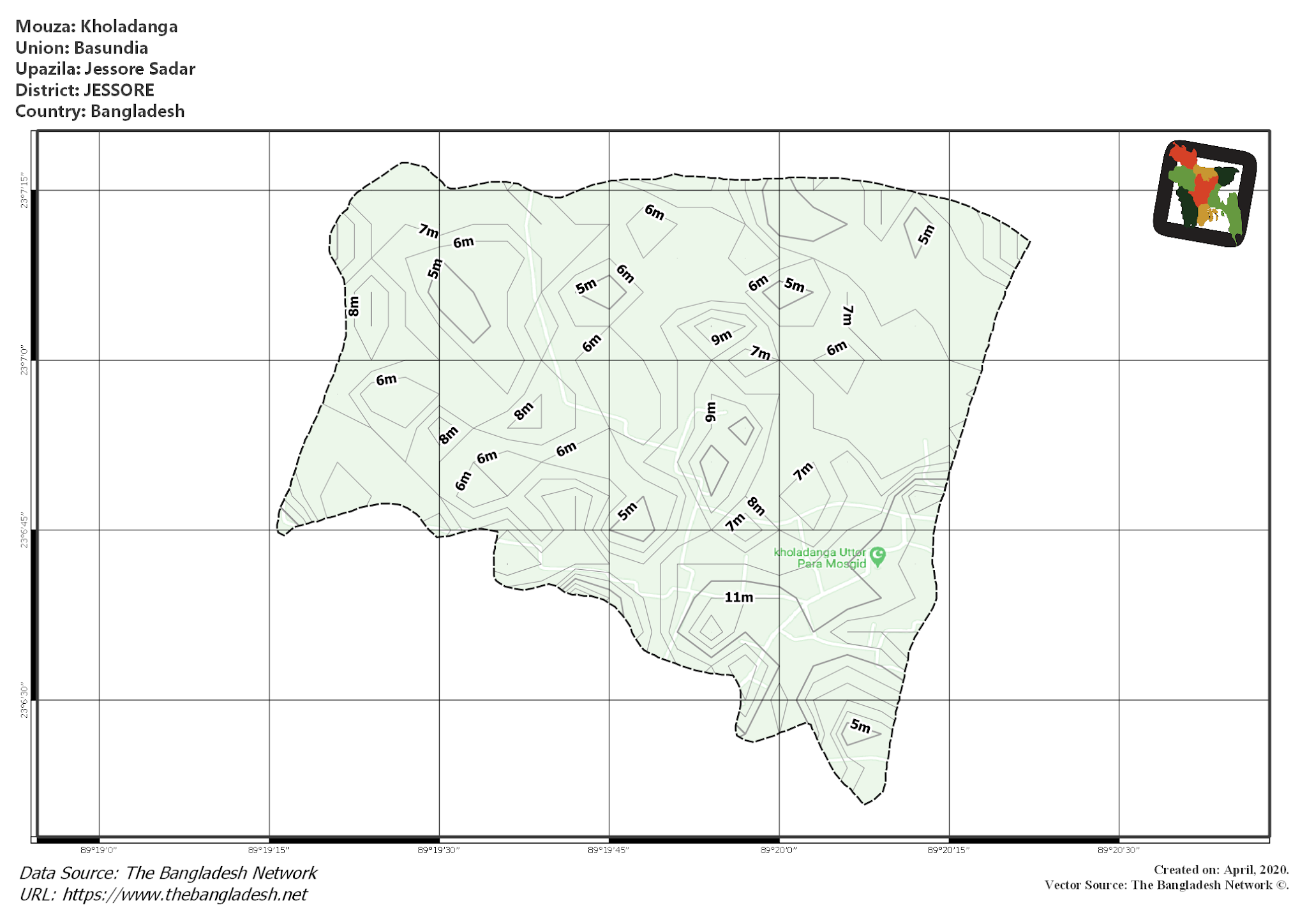 Map of Kholadanga Mouza of Jessore Sadar Upazila, JESSORE, Bangladesh.