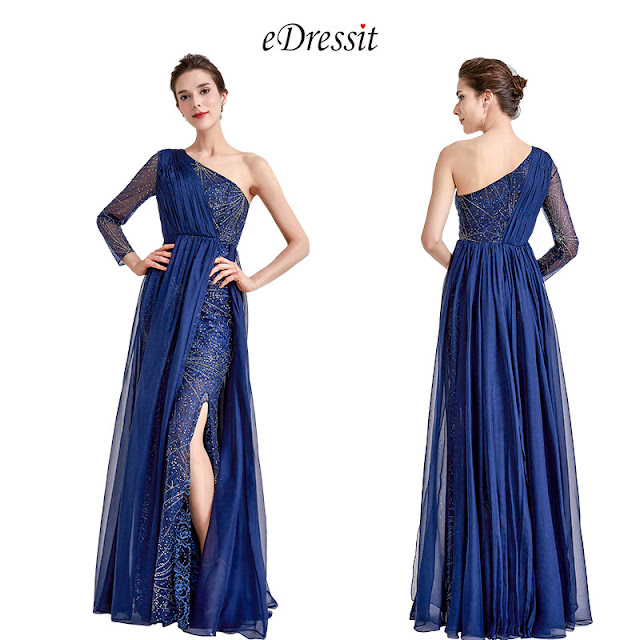 New Blue one Sleeve Sparkle Prom Evening Dress 