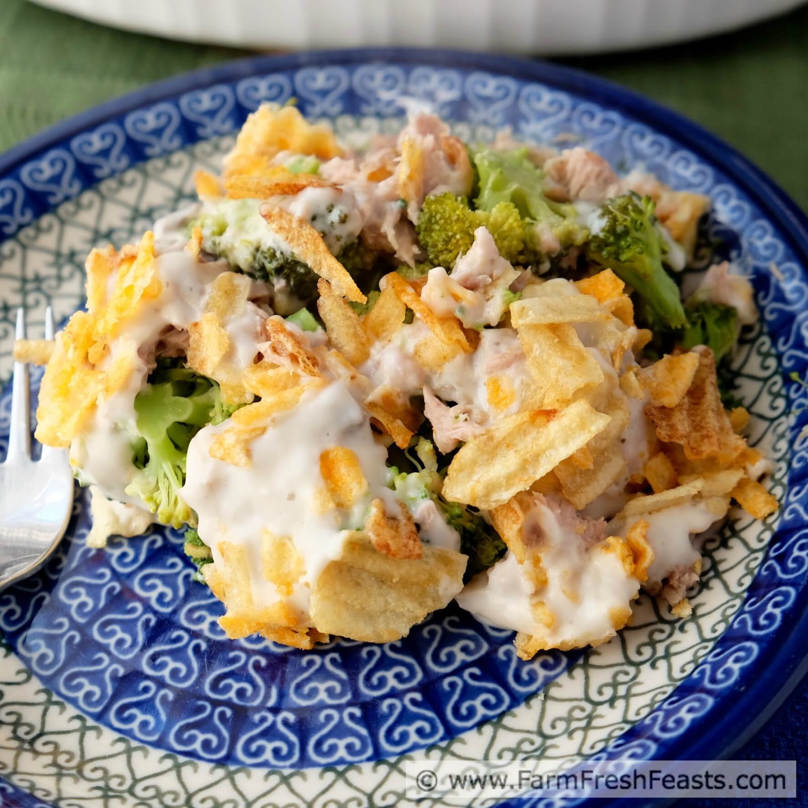 Farm Fresh Feasts Tuna Broccoli Casserole with Potato Chip Topping