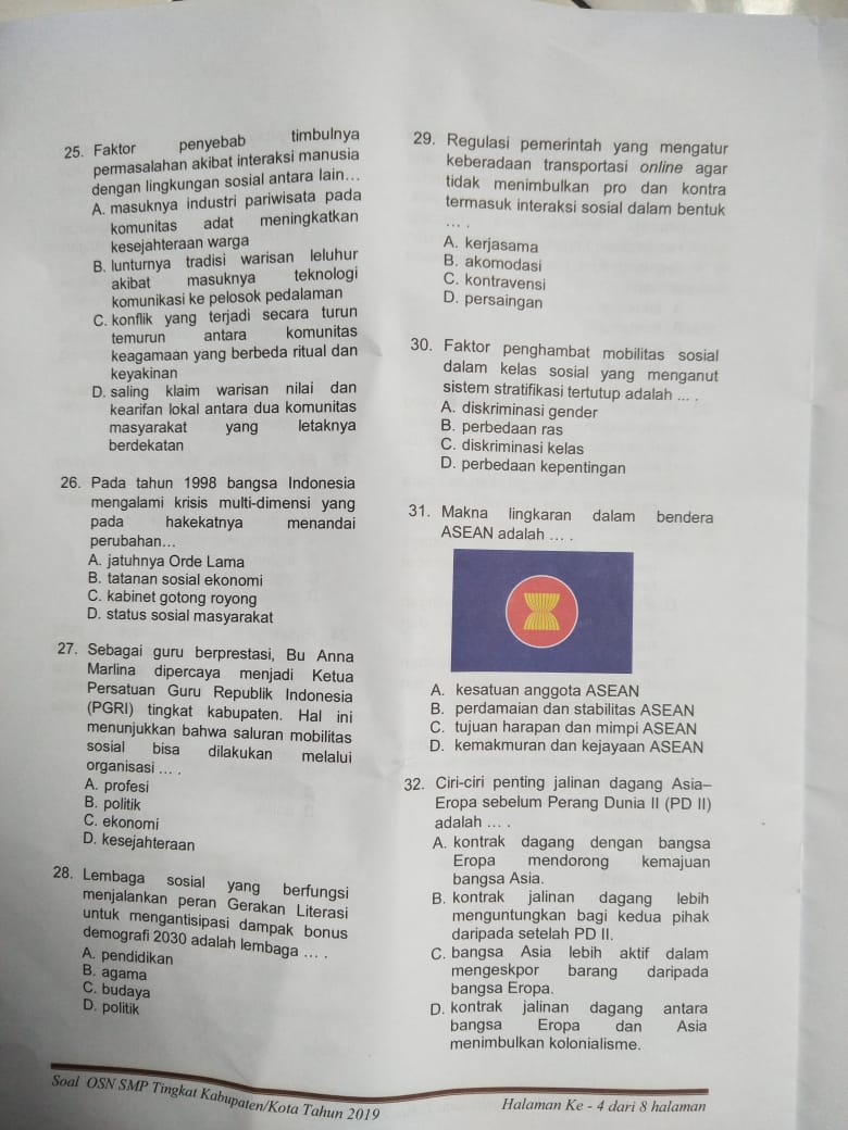 Soal Dan Kunci Jawaban Osn Ips Smp Tingkat Kabupaten Kota Tahun 2019 Mgmp Ips Indramayu