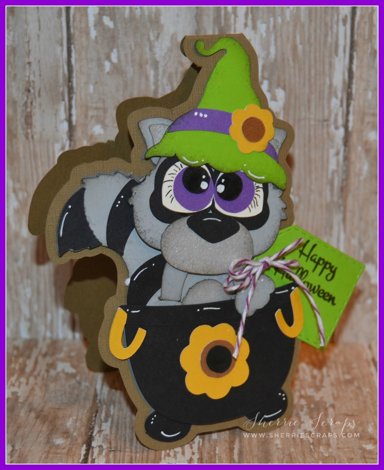 Sherrie Scraps with passion Happy HalloweenCauldron Raccoon card and