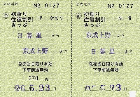 京成電鉄　初乗り往復割引きっぷ2　京成上野駅（常備軟券）