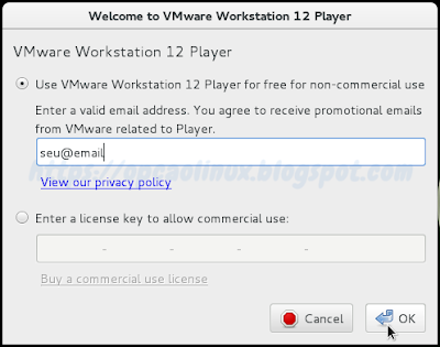 Insira seu e-mail ou o serial (caso tenha comprado) para usar o VMware Player Insira seu e-mail ou o serial (caso tenha comprado) para usar o VMware Player