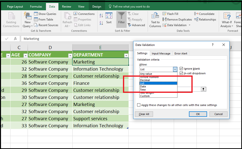 how to create a drop down menu in excel 2016