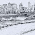 Vector freehand landscape. Panoramic views of the river promenade with willow trees and a bridge with lanterns in front of apartment buildings and offices of the big city