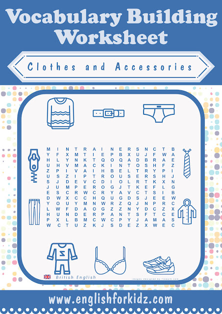 Clothes and accessories wordsearch worksheet for ESL students