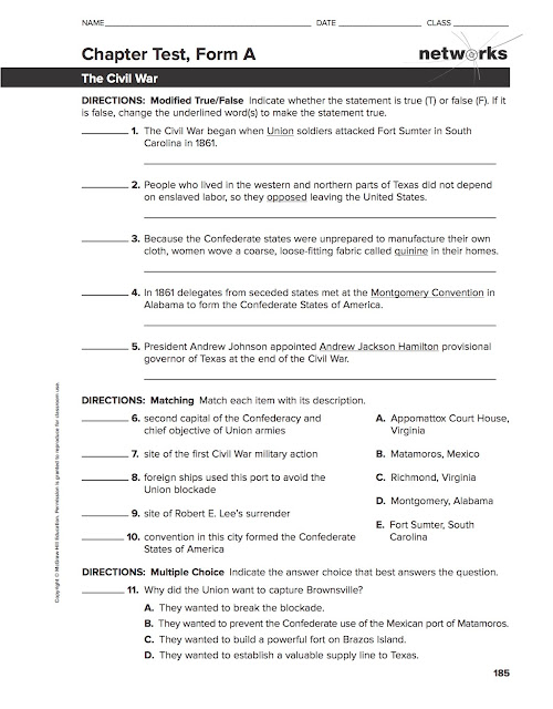 ehms texas history test over the civil war tomorrow chapter 11 test form a