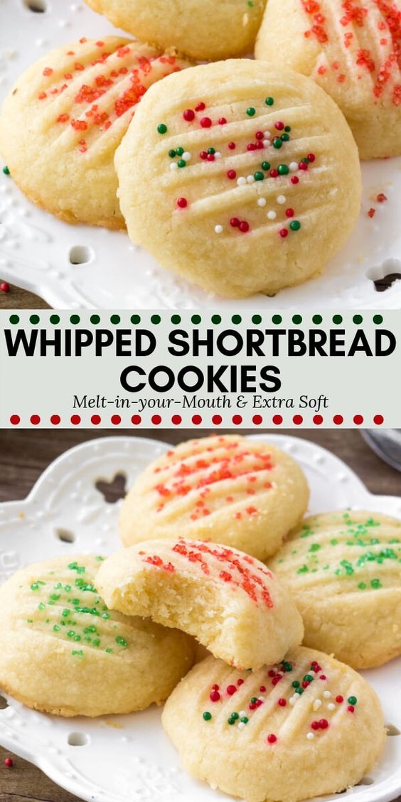 Whipped shortbread cookies are light as air with a delicious buttery flavor. They melt in your mouth because they're so soft, and only require a few simple ingredients. #shortbread #christmas #cookies #holidays #holidaycookies #cookieexchange #baking