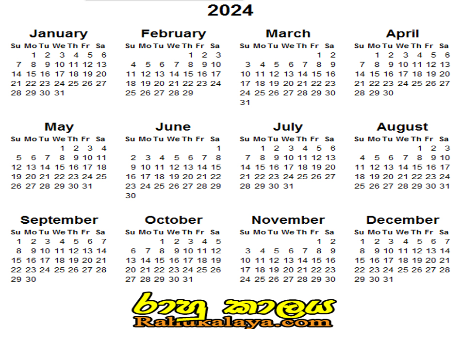 2024 Calendar - Rahu kalaya | රාහු කාලය