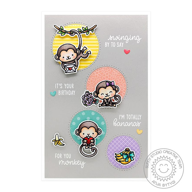 Sunny Studio Stamps: Staggered Circle Dies Love Monkey Birthday Card by Anja Bytyqi