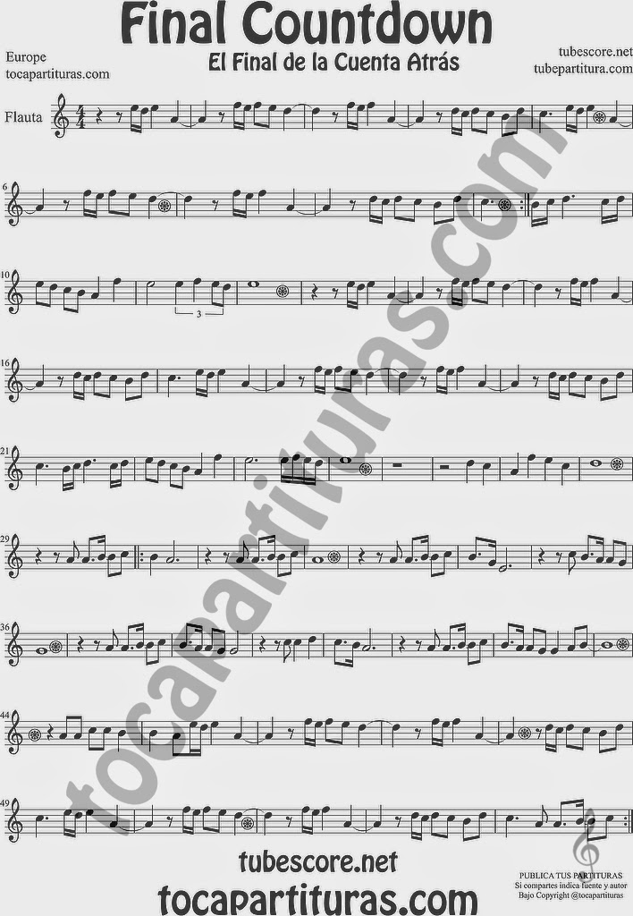The Final Countdown Partitura de Flauta Travesera, flauta dulce y flauta de pico El Final de la Cuenta Atrás Europe Sheet Music for Flute and Recorder Music Scores 