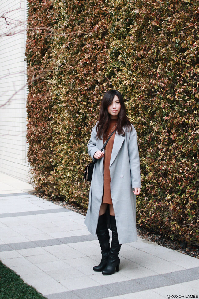 xoxoHilamee OOTD GRAY LONG COAT & BROWN KNIT DRESS