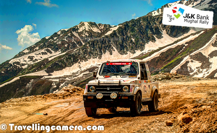 Last week 3rd Mughal Motorsports Rally happened in Jammu and Kashmir. This Photo Journey shares some moments with these flying machines at various places on Mughal Road. Let's check out this Photo Journey and know more about Mughal Rally and how it went..This Motorsports rally is organized by Himalayan Motorsports with 'J&K Bank' and 'J&K Tourism department'. Usually it's a three days event, which started on 29th with vehicle scrutiny. Whole day is dedicated to certify all vehicles as per rally guidelines. Every vehicle is checked on technical ground and ensured that driver & navigator are well equipped to drive during next two days. For more idea around the same, check out - http://www.xplorearth.com/program.htmThere were two competitions in Mughal Rally. One is called 'EXTREME' which is about speed. Each vehicle is released from start point afterregular intervals and they have to cover a particular terrain to reach final destination. Of course, vehicle with min time wins this but there are some penalty clauses as well. So calculation of winners is not that simple. First winner gets 2 Lac rupees and there are 5 prizes worth 2Lac, 1.25L, 1L, 50K, 25K. Entry Fees for each vehicle is 20K.Other competition is called 'ENDURO', which is more about disciplined and controlled driving. Other name is TSD (Time, Speed & Distance), which means that each vehicle has to move with constant speed, to cover a distance in specific time period. Vehicle with minimum delta wins this competition.After scrutiny on 29th June, first day of rally had to start at 2:30am on 30th. First day was on Mughal Road which connects Shri Nagar to Jammu through Peer-Ki-Gali. It was a wonderful stretch and J&K Tourism is working on this region to developfor tourism. This whole stretch has wonderful landscapes surrounded by snow covered hills and of-course waterfalls which are created out of melting snow on peaks.Local administration had wonderful arrangements for the rally. Most of the these roads were frozen for civil traffic, as it could have been dangerous. There are more than enough security on each turn of the Mughal Road. Ambulances, support vehicles and all other relevant resources were deployed upfront. All these rallies need lot of planning from organizer's point of view as well as local administration.First day completed with few minor break-downs due to which some of the participants were disqualified for day-2. One of the gypsy toppled and two girls started again within few minutes. It's amazing to see the passion & energy of these folks. Also this sport needs disciplined planning and straegic approach to reach the destination with full safety measures and keep yourself in competition. Every Vehicle has a driver and a navigator. Navigator is very important role of this game, which has critical responsibility with him. S/he keeps record of whole route and all minute details. So S/he keeps guiding the driver about the next movements.After tiring day on 30th June, it was time to relax for some time as next day had to start at 3:30 am again. So on first day, we started from Shrinagar and came back to Shrinagar after long drive through Peer-ki-gali. Second day was on other side of the Mughal Road. So we started at around 3:30am from Hotel Centaur (Shrinagar) and reached Sinthan Top between Kishtwar & Daksum. Sinthan Pass is a wonderful place capped with snow all around. Chilly wind was flowing around Sinthan HillsSecond day stretch had all dirt roads with melting snow flowing all over. All the roads were extremely narrow and plenty of turns. From the top of Sinthan Pass, we could see a stretch of 20 kilometers which was full of curved roads into the valley. On first day EXTREME folks had come back to Shrinagar, while ENDURA folks had gone to Jammu. On second day ENDURA folks had to come back through Sinthan Pass only. So, for EXTREME folks it was to & fro stage and for ENDURA, it was one side stage from Jammu to ShrinagarDifferent kinds of vehicles were participating in Mughal Rally, many of them were gypsys and others were TATA vehicles like XENON, SAFARI... Mahindra XUV500 was also there... Maruti's Grand Vitara... Detailed information about eligibility criteria for participating in Mughal Rally, check out - http://www.xplorearth.com/program.htFirst day of the rally was towards Rajouri district of Jammu&Kashmir and second day was towards Anantnag district.Third day is kept for prize distribution and podium finish ceremonies. But this year, these ceremonies were cancelled due to death of a rally participant on second day. One of the ENDURA vehicle went out of the way and got down to a deep valley. Driver died on the spot and navigator went to coma for some time. So third day ceremonies were cancelled.Some high end motorbikes also participate in Mughal Rally. After the event, one another scrutiny takes place to ensure that all vehicles were in right state and none of them was using any avoidable material.