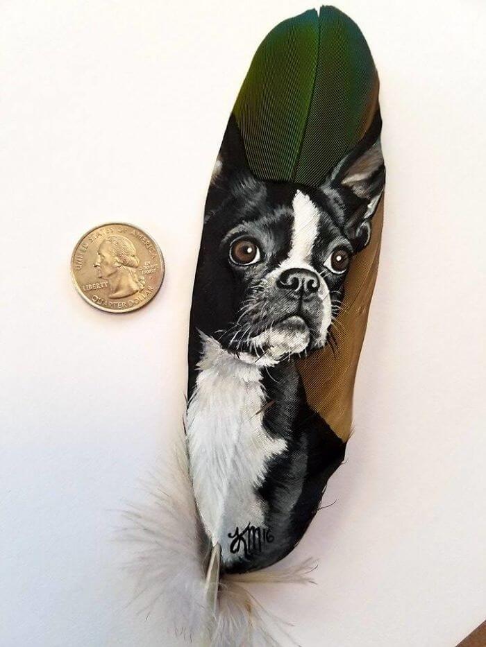 09-Boston-Terrier-on-a-military-macaw-feather-Krystle-Missildine-Painting-Realistic-Animals-on-Delicate-Feathers-www-designstack-co