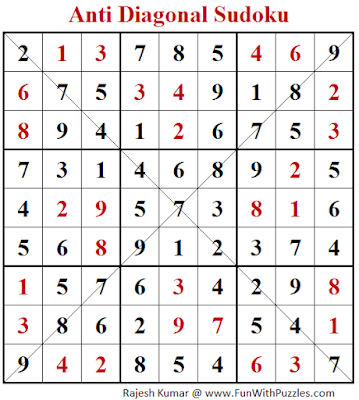 Anti Diagonal Sudoku (Fun With Sudoku #247) Puzzle Solution