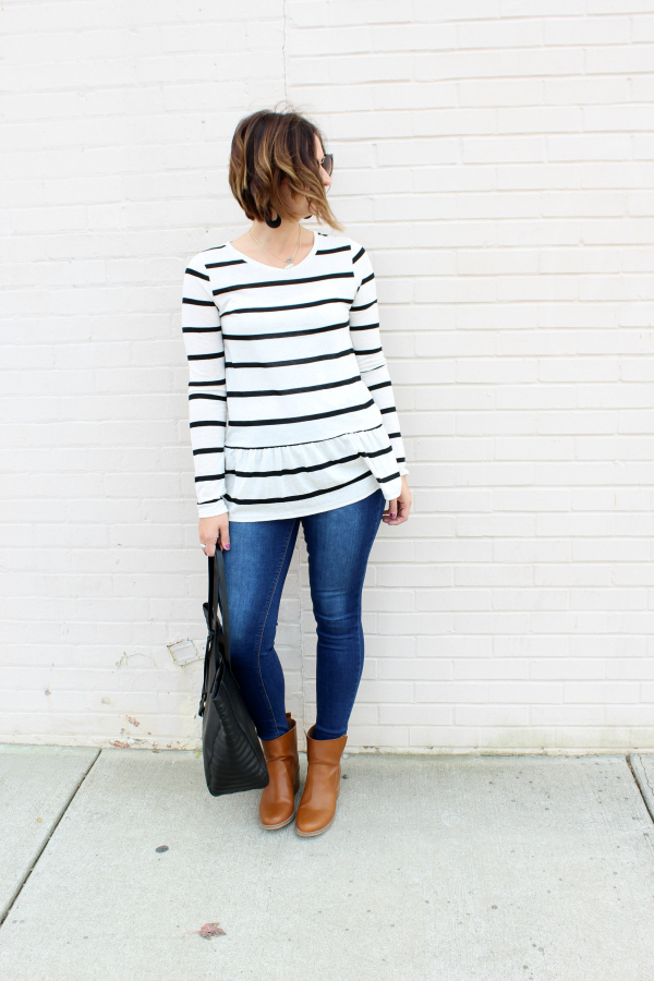 black tote bag, poverty flats by rian, striped peplum top, mom style