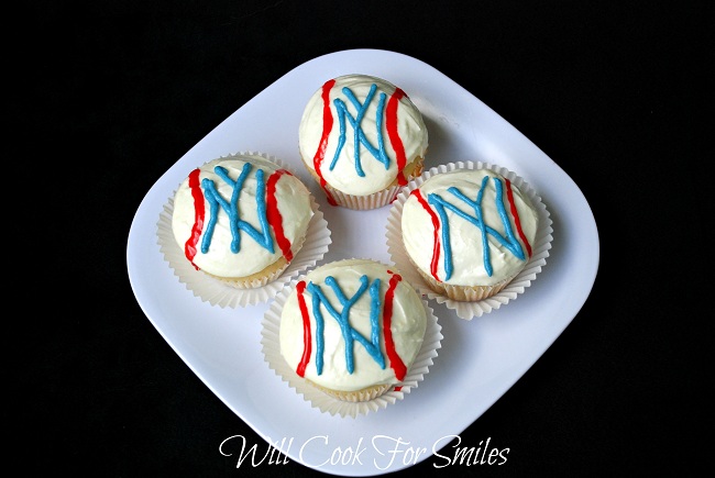 NY yankee cupcakes on a white square plate 