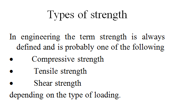 compressive ,tensile,shear  strength,RENGTH OF MATERIALS , Mass and Gravity,  Stress and strength,  Strain,  Modulus of Elasticity  Flexural loads,  Fatigue Strength,  Poison's ratio,   Creep,
