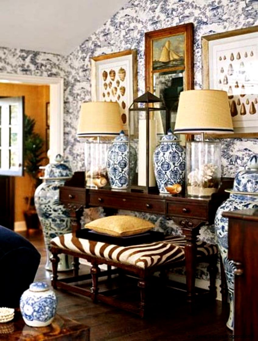 Upscale Home Decor With Wallpaper And Chinese Pottery And Wooden