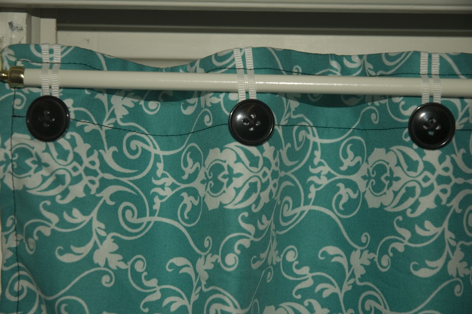 Eggsistential Homemade Life Button and Ribbon Topped Curtains