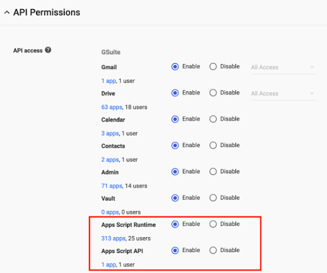 New G Suite API permissions in Admin console: Apps Script Runtime and Apps Script API
