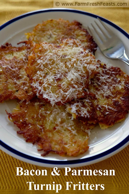 Shredded turnips flavored with freshly grated parmesan cheese and crispy bacon, bound up in these savory fritters, make an excellent dinner side dish or brunch entree.