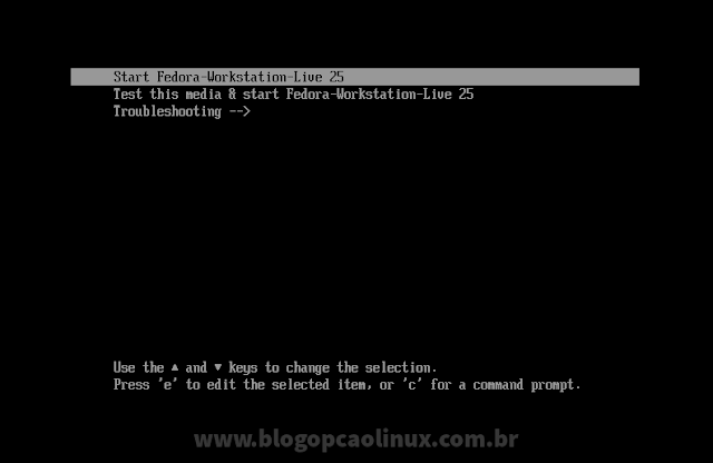 Tela de boot Fedora 25 Workstation