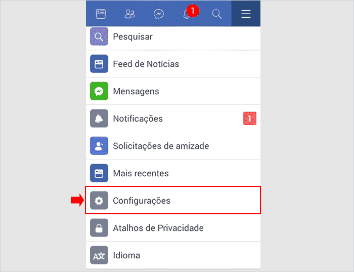 Opção Configurações do Facebook Lite