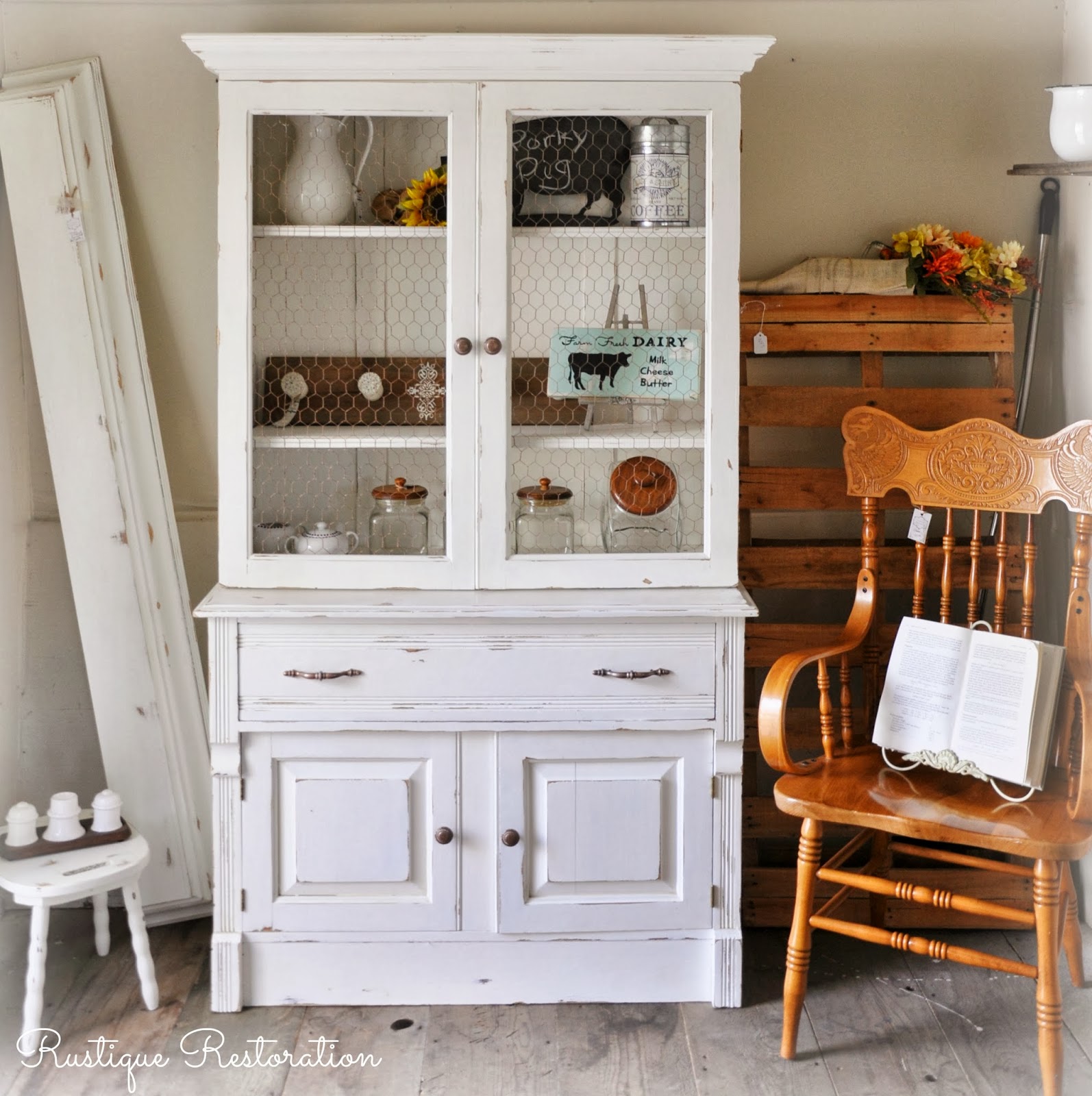 Rustique Restoration Chippy White Farmhouse Hutch