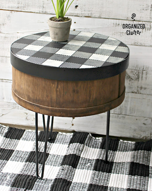 Garage Sale Cheese Box Repurposed As A Side Table #hobbylobby #hairpinlegs #oldsignstencils #buffalocheck