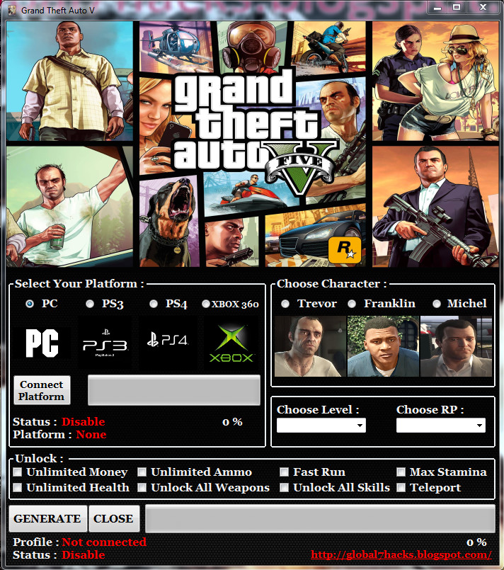 Grand Theft Auto V Hack Unlimited Money, Health, Ammo, Choose Level