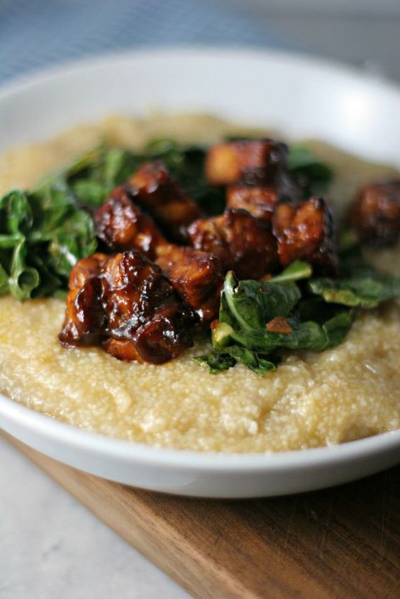 Savory grits with bbq tempeh and collard greens Vegan Recipes Online