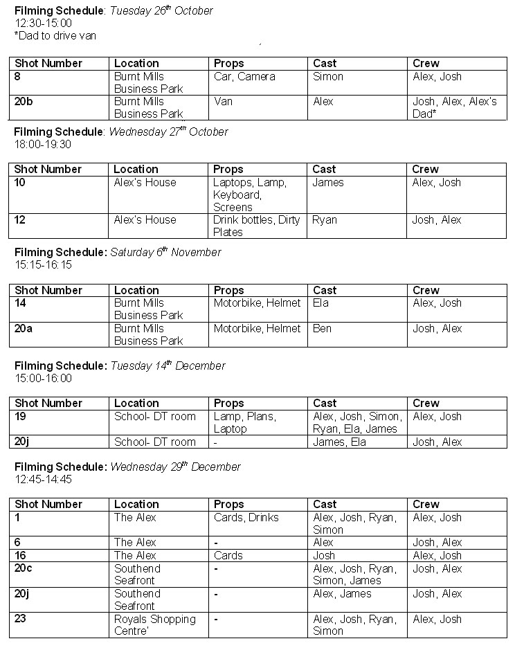 The Case Shooting Timetable