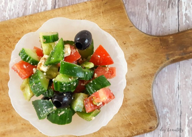 Looking for a simple and tasty salad that is packed full of veggies? This Greek Salad fits the bill. Get the recipe at www.diybeautify.com!
