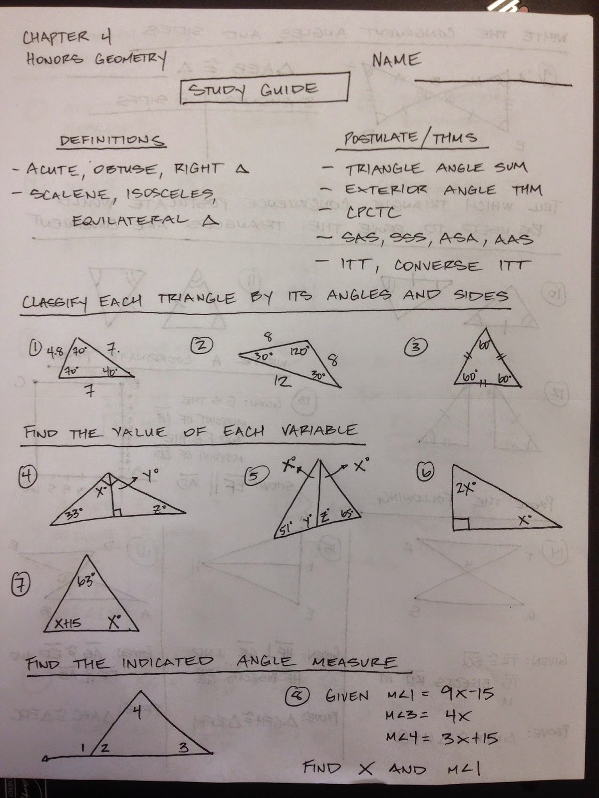 Honors Geometry Vintage High School Chapter 4 Test Study Guide